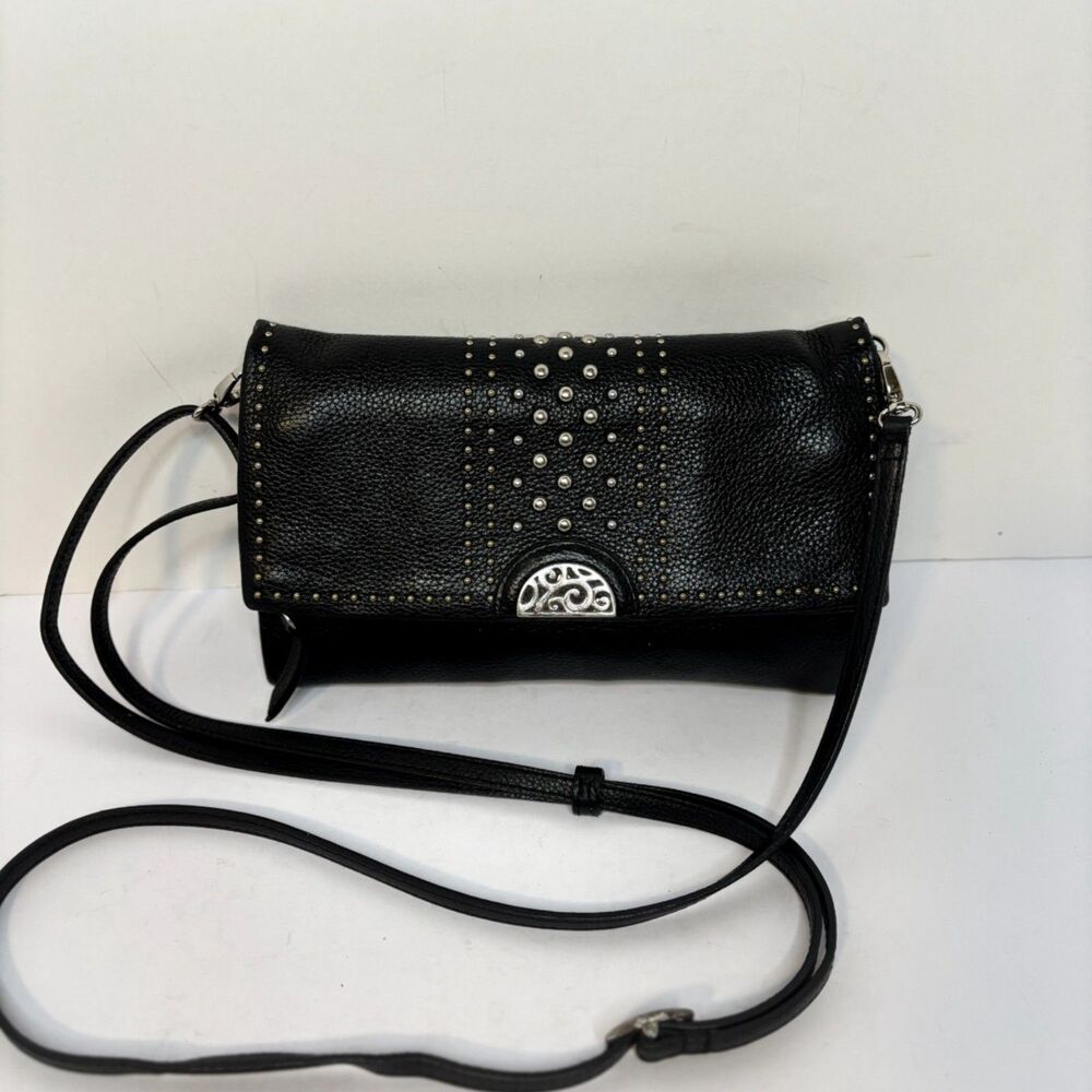 Brighton Crossbody Bag Black Leather Studded Silver Hardware Womens